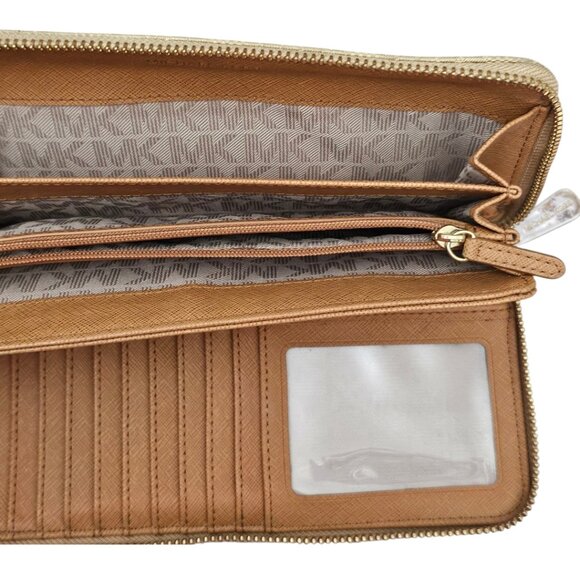 Michael Kors Jet Set Zip Around Tan Gold Large Travel Continental Wallet COA - Picture 5 of 8
